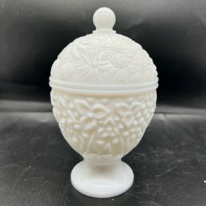 Vintage Milk glass Lidded floral candy dish